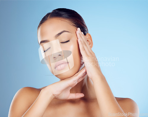 Image of Woman, face and eyes closed in studio for beauty, wellness spa and skincare glow of makeup salon. Calm model, facial and healthy aesthetic of laser dermatology, natural shine and botox transformation