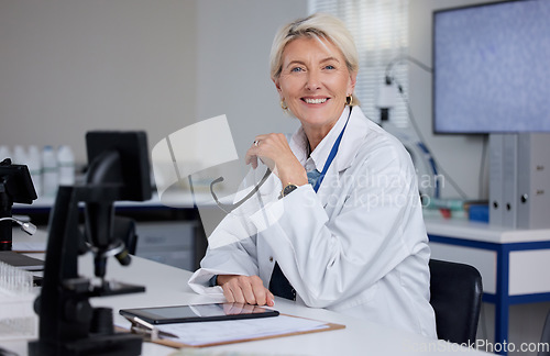 Image of Portrait, senior woman and scientist with smile, laboratory and research for medical cure, healthcare and microscope. Face, mature female and old lady with, medicine and happy researcher in lab