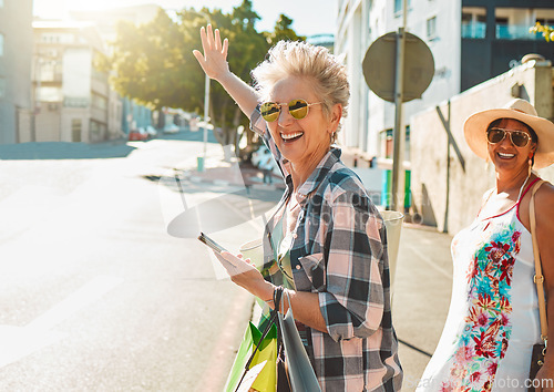 Image of Friends, senior women and travel, adventure in city and happiness, freedom outdoor with smile. Happy, retirement and vacation in California, urban street and phone with fashion, sunglasses and mockup