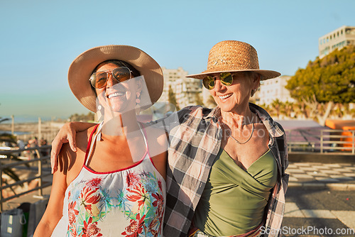 Image of Summer, senior friends and women at beach day on weekend, retirement holiday and vacation. Travel, friendship and smile, happy and excited elderly females on adventure, freedom and relax in Miami