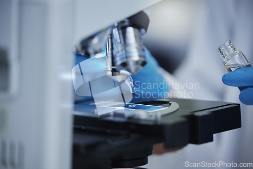 Image of Science, sample and dropper with microscope in laboratory for medicine, pharmacy or vaccine cure. Bacteria, glass slide and technology with research equipment for experiment, medical or investigation