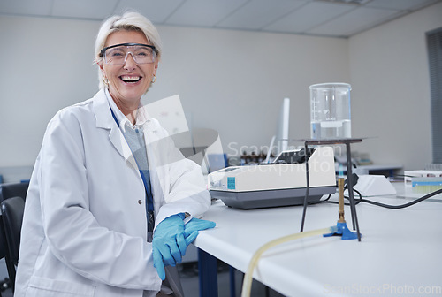 Image of Mature woman, portrait or laboratory glass in science research, future dna engineering or bacteria analytics on fire. Happy, smile or scientist equipment in healthcare pharmacy test or medical study