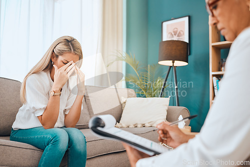 Image of Mental health, counseling with doctor and patient, depression and anxiety, women in office and psychology. Trauma, stress or frustrated, grief and support, psychologist writing notes or checklist