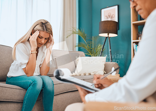 Image of Mental health, counseling with doctor and patient, anxiety and depression, women in office and psychology. Trauma, stress headache or frustrated with support, psychologist writing notes or checklist