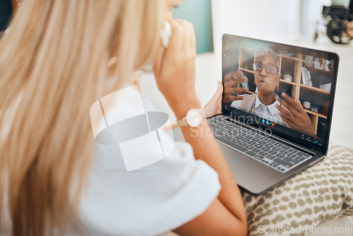 Image of Laptop, video call and mental health with virtual counselling consultation, doctor and patient with communication Psychologist, depression and women talk about trauma and anxiety, support and trust