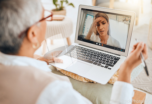 Image of Laptop, video call and mental health with virtual therapy consultation, doctor and patient with communication. Psychologist, depression and women talk about trauma and anxiety, support and trust