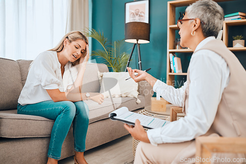 Image of Woman on sofa, psychologist with advice and clipboard for mental health and consulting office. Stress, anxiety and depression, sad and depressed patient and healthcare therapist in consultation room.