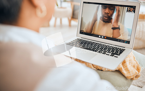 Image of Laptop screen, video call and mental health with people in virtual counseling consultation, doctor and patient. Psychologist, depression and trauma, anger and anxiety with support and trust