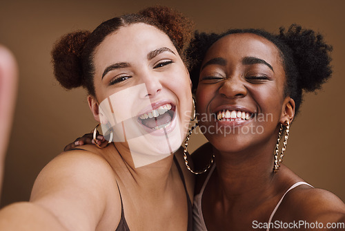 Image of Beauty, friends and smile with selfie of black women for social media, skincare and fashion. Happy, skincare and picture with portrait of girls for cosmetics, makeup and young in brown background