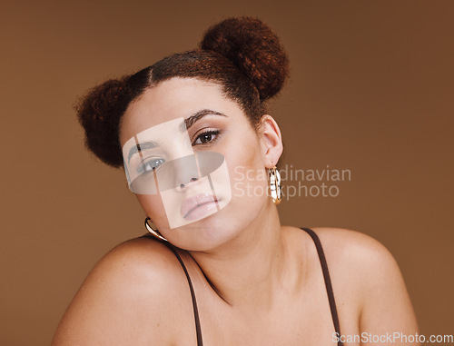 Image of Black woman, beauty portrait and skincare on background of aesthetic facial, cosmetics and studio face. Young gen z model, curly hair and style for dermatology, wellness or laser salon transformation