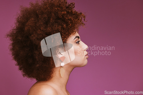 Image of Model, profile or afro hairstyle on isolated purple background in empowerment, curly maintenance or skincare salon promotion. Beauty woman, natural or hair growth texture on cosmetics studio mock up