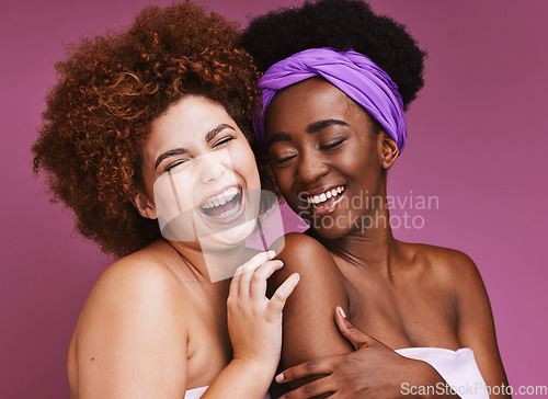 Image of Black woman, studio and afro for friends, funny smile or crazy joke for real natural plus size by purple background. Gen z model, women and solidarity for wellness, cosmetics or comic laugh together