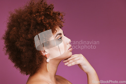 Image of Model, profile or afro hair on isolated studio background in empowerment, curly maintenance or skincare salon promotion. Beauty woman, natural or hairstyle growth texture on purple cosmetics mock up