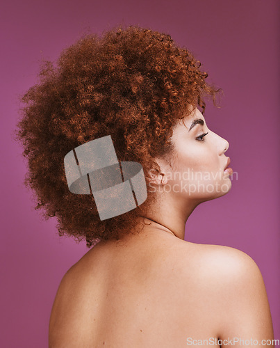 Image of Woman, shoulder or afro hairstyle on isolated purple background in empowerment, curly maintenance or skincare salon. Beauty model, natural or hair growth texture on cosmetics studio or relax backdrop