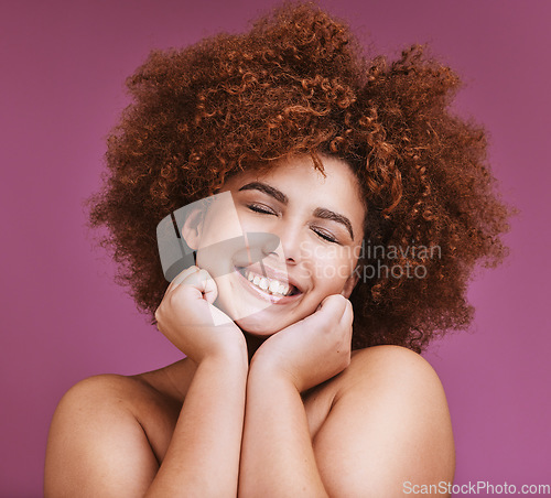 Image of Woman, afro hair or face hands on isolated studio background in plus size wellness, curly growth or salon target goals. Smile, happy or beauty model and natural hairstyle texture on skincare backdrop