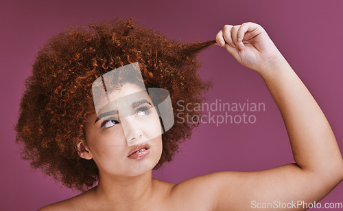 Image of Face stress, hair loss or afro on beauty studio background in grooming, texture anxiety or fail. Woman, hand or natural hairstyle with damage, split ends or frizzy knot on isolated skincare backdrop