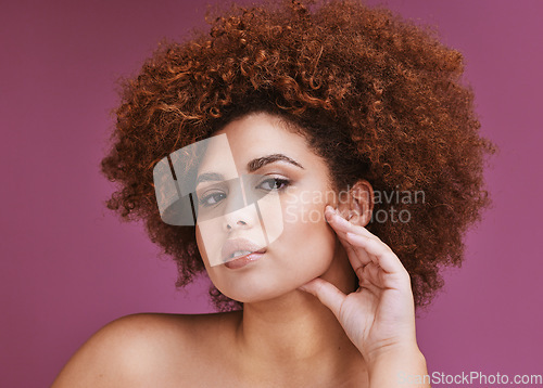 Image of Woman, portrait and afro hairstyle in beauty skincare, growth texture maintenance or relax salon wellness. Hands, hair and natural face makeup on studio model, isolated purple background or backdrop
