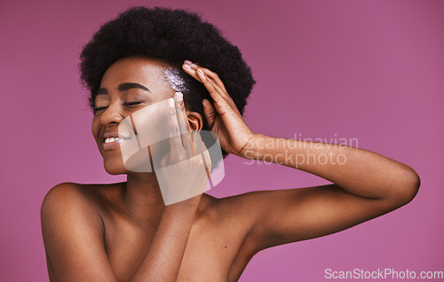 Image of Happy black woman, hands or afro haircare product on beauty background in grooming, growth texture or roots wellness. Conditioner, cream or natural hair model with skincare on isolated pink backdrop