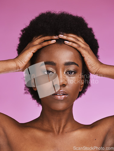 Image of Black woman, portrait or touching afro hairstyle in relax beauty skincare, growth texture maintenance or salon wellness. Hands, hair or natural face makeup on studio model or isolated pink background