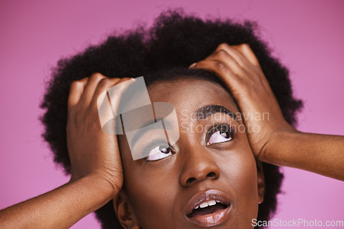 Image of Black woman, thinking or afro hairstyle touch for beauty skincare ideas, growth texture maintenance or salon wellness. Zoom, face or natural hair for model vision, makeup or isolated pink background