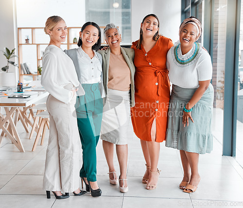 Image of Business people, women in portrait and diversity in team, collaboration and corporate group, success and laugh. Happy, work together and professional, motivation with trust, support and solidarity