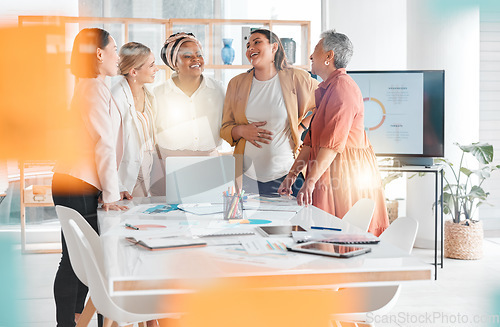 Image of Happy, diversity or team of women in business meeting for collaboration, communication or networking in office. Motivation, strategy or group of employee for brainstorming, creative idea or planning