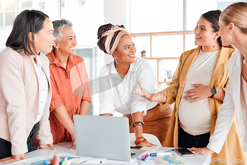 Image of Pregnant, business women brainstorming in meeting for company growth, research or strategy review in office. Happy, teamwork or startup employee smile for SEO idea, KPI schedule or planning calendar