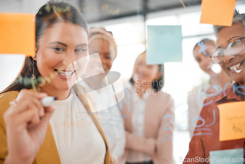 Image of Planning, business ideas or happy woman writing a marketing strategy, advertising plan or branding solutions. Sticky notes, meeting or employees working on a global startup project or team goals