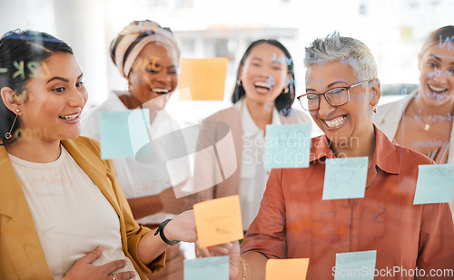 Image of Planning, team or business women writing a marketing strategy, advertising plan or branding ideas. Sticky notes, sales meeting or happy creative people working on a global startup project goals