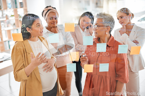 Image of Collaboration, pregnant woman or business women planning a marketing strategy, advertising plan or branding ideas. Sticky notes, meeting or creative team writing goals for a global startup project