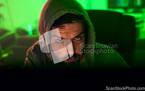 Image of Computer hacker, face or neon man hacking online database software, website server or password phishing. Green ransomware developer, cyber security programming or night programmer coding malware code