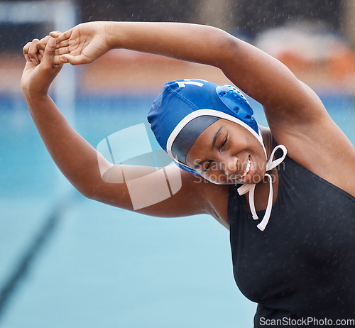 Image of Stretching, sports or happy black woman by swimming pool for practice, workout or body fitness in warm up. Water polo, smile or healthy African girl athlete training for flexibility or exercise goals