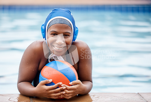 Image of Portrait, water polo or happy black woman in swimming pool for exercise, workout or practice in sports fitness. Relax, ball or healthy African girl swimmer with motivation, smile or training goals
