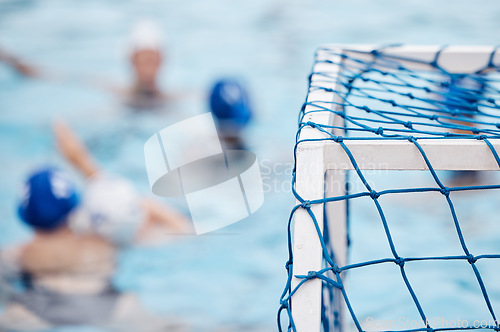 Image of Goal net, water polo or team in swimming pool for sports practice, cardio workout or group training. Playing, fitness or healthy girl athletes exercising for endurance or fun body exercise in summer