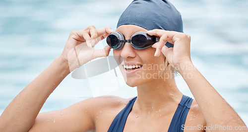 Image of Ready, goggles and woman swimming in a race, fitness and training for a competition. Sports, professional and athlete swimmer with a preparation start to cardio exercise, workout or sport in a pool