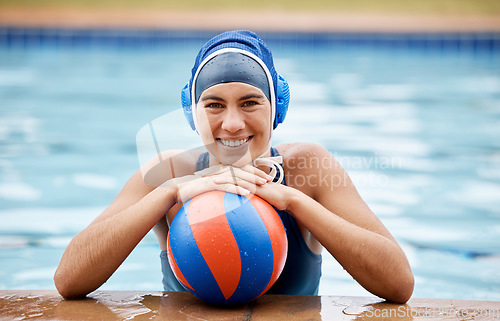 Image of Water polo, ball and portrait of woman in pool with smile on face, swimming practice and confident young sports player. Fitness, training and happy girl swimmer ready for game or swim competition.