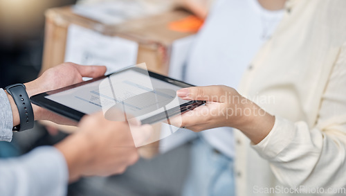 Image of Delivery, invoice on tablet and hands with package, small business with owner, supplier and shipping service. Supply chain, product with man and woman, technology and digital paperwork with inventory