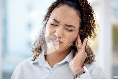 Image of Injury, earache and medical with woman in pain for tinnitus, sound and noise problem. Healthcare, pressure and hearing loss with girl suffering with nerve infection for loud, deaf risk and illness