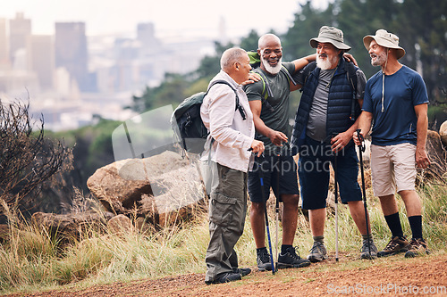 Image of Hiking, support and hug with old men on mountain for fitness, trekking or adventure with city mockup. Motivation, discovery and travel with group of friends on trail for health, retirement or journey