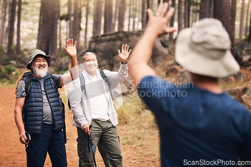 Image of Greeting, wave and senior friends hiking in the mountains for travel, bonding and trekking in nature. Happy, group and elderly men waving for hello or goodbye while walking in the forest in Peru