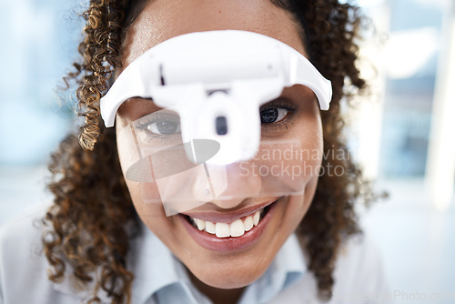 Image of Eye exam, black woman and portrait of a patient at doctor, clinic or hospital for vision test. Optometrist, health and eyes check for glaucoma in a wellness consultation for retina and sight focus