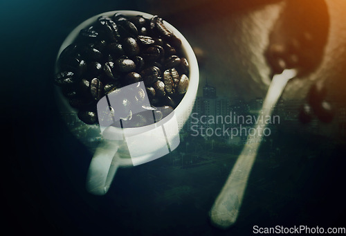 Image of Coffee cup, double exposure and beans with city, skyline and mockup space for cafe, drink and aroma. Matcha, espresso and overlay with urban, metro and cbd for energy, holographic mock up and town