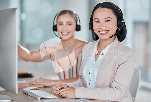 Image of Woman, call center and portrait smile for telemarketing, customer support or agency service at office desk. Happy female consultants or agents smiling in contact us for desktop advice, help or sales