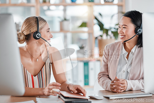 Image of Call center, customer support and female consultants talking or helping with consultation online. Contact us, customer service and women telemarketing agents planning crm strategy together in office.