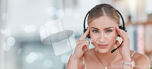 Image of Call center, portrait and woman with headache by space for mockup in office with blurred background. Customer support consultant, agent and stress in workplace with anxiety, mental health and burnout