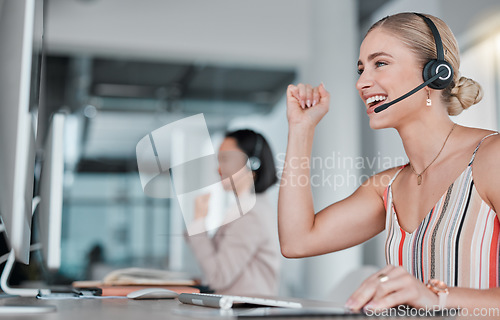 Image of Woman, call center and celebration for winning, promotion or sales bonus in telemarketing at office. Happy female consultants celebrating victory, deal or teamwork success in contact us at workplace