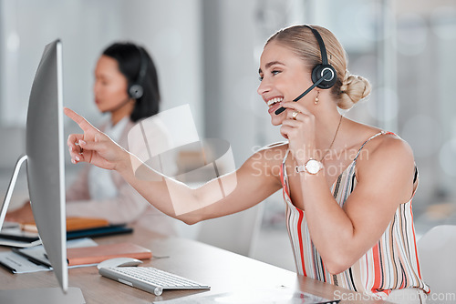 Image of Woman, call center and computer with smile for telemarketing, customer support or service at office desk. Happy female consultant or agent smiling in contact us for desktop advice, help or sales
