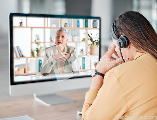 Image of Headache, computer video call and woman in call center feeling pain, tired or sick. Telemarketing, mental health and female sales agent with depression, stress or migraine on online meeting in office