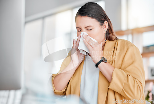 Image of Woman, office and tissue for nose by computer in public relations management with allergy, dust and sneeze. Corporate manager, covid 19 and toilet paper for virus, bacteria and desktop for PR career