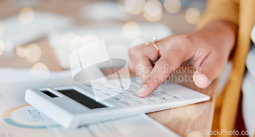 Image of Hands, calculator and finance for company budget, expenses or statistics on office desk at workplace. Hand of financial advisor on table calculating corporate profit, investment or salary on mockup